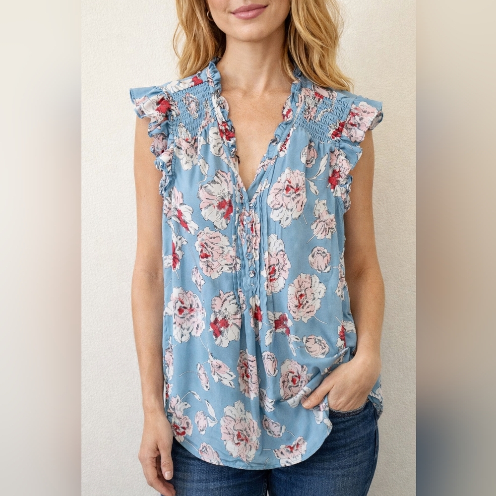 Daniel Rainn Blue Floral Ruffle Smocked V-Neck Top